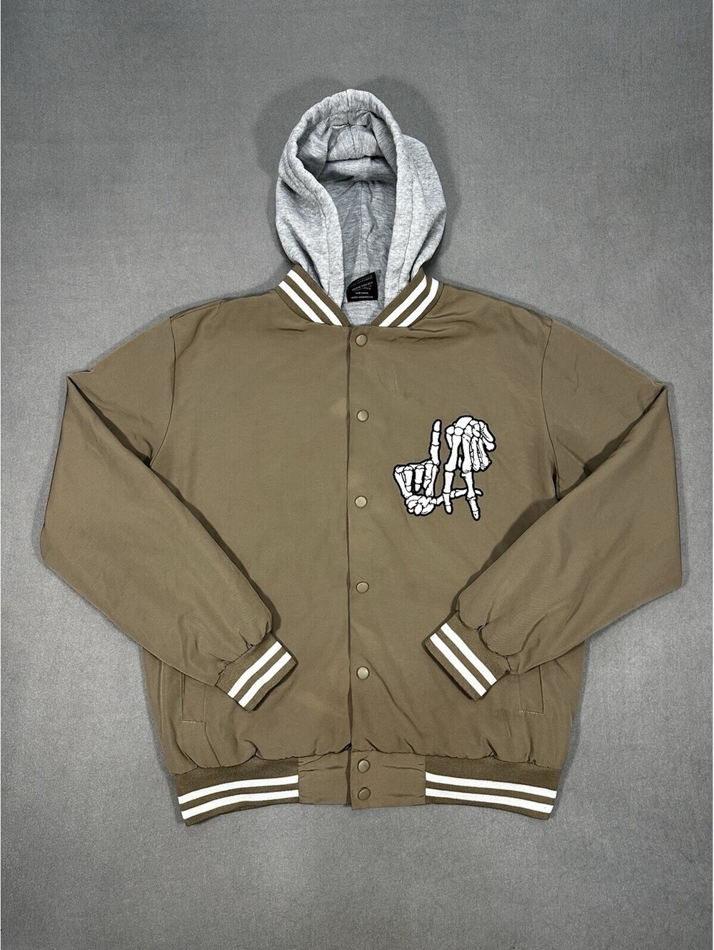 Denim Deluxe Supply Varsity Jacket Hoodie Small Skeleton Hand Snap Front